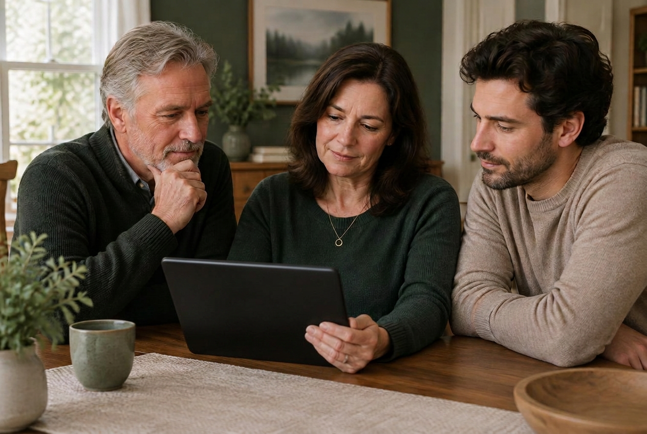A family reviewing arrangement options together on a tablet at home