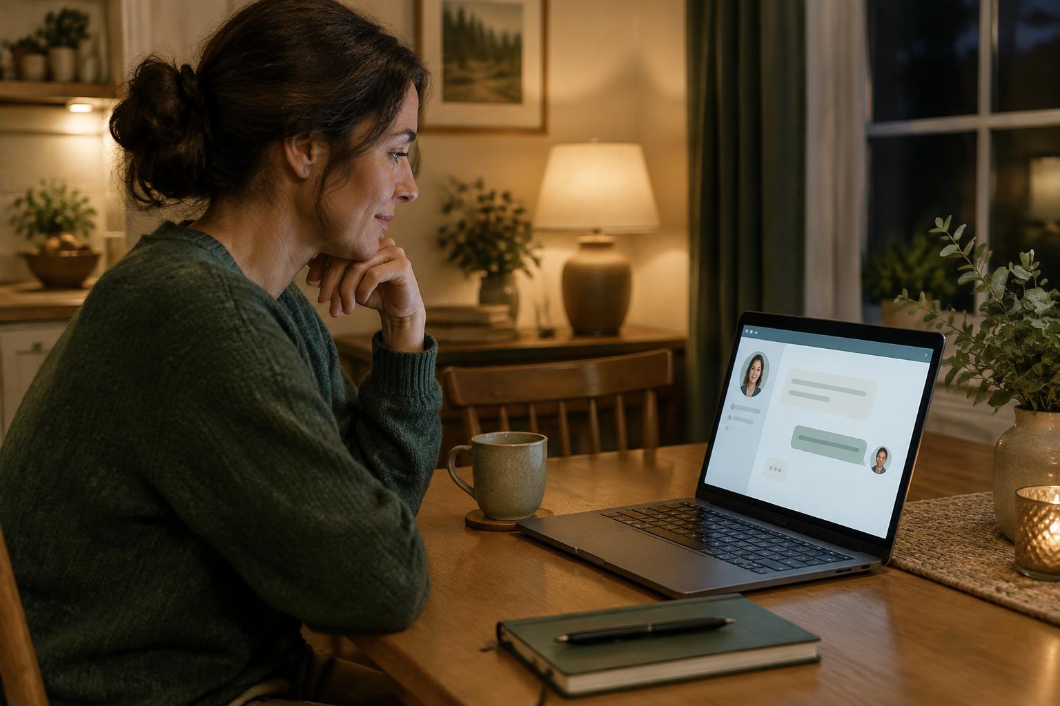 A woman using a website advisor on her laptop at the kitchen table at night