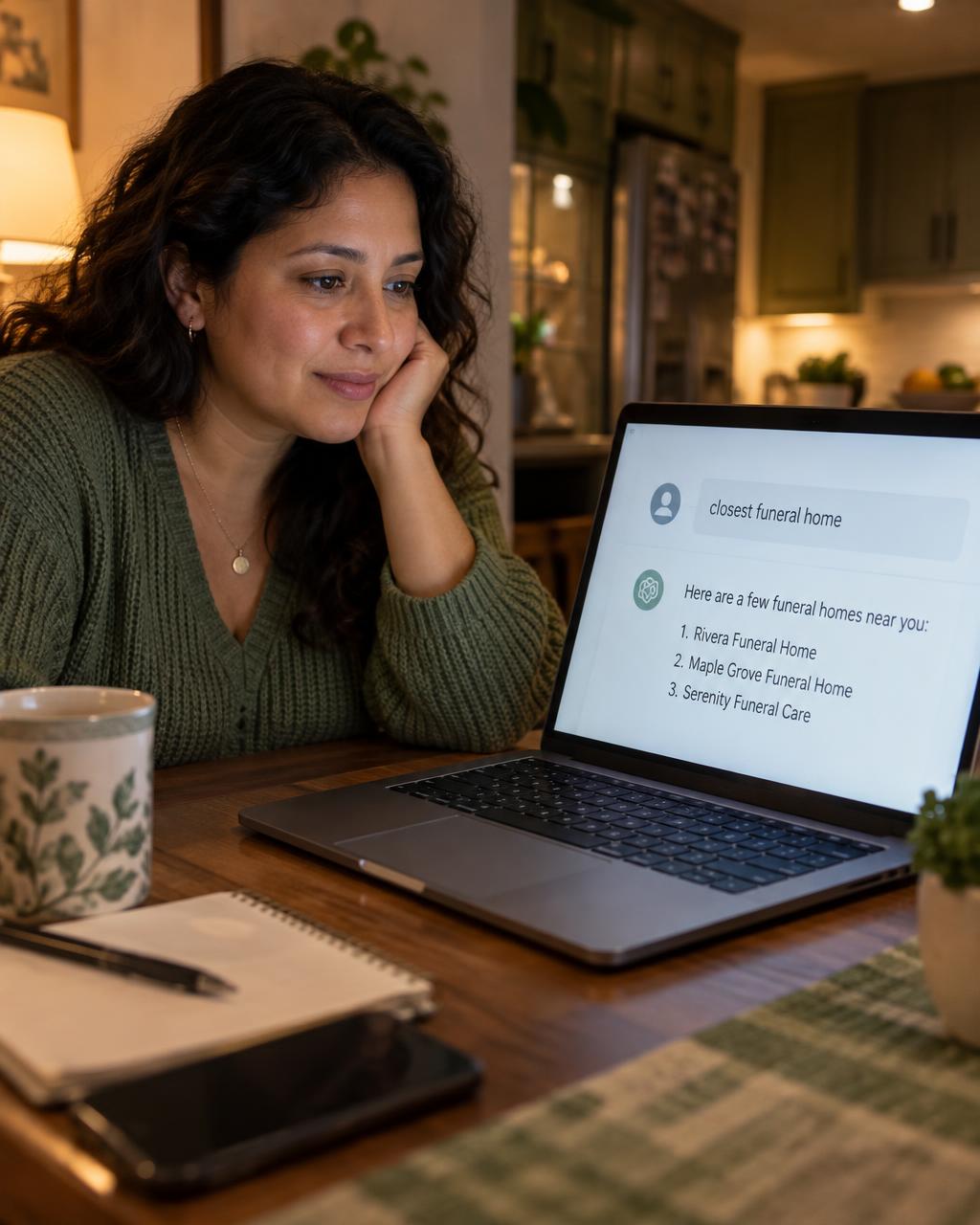 A woman at her kitchen table at night asking an AI assistant on her laptop for the closest funeral home