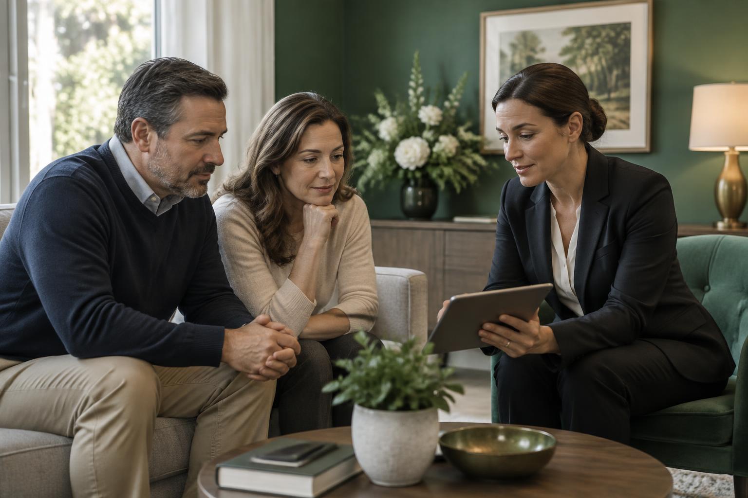 A funeral director reviewing a family's online arrangement choices with them on a tablet