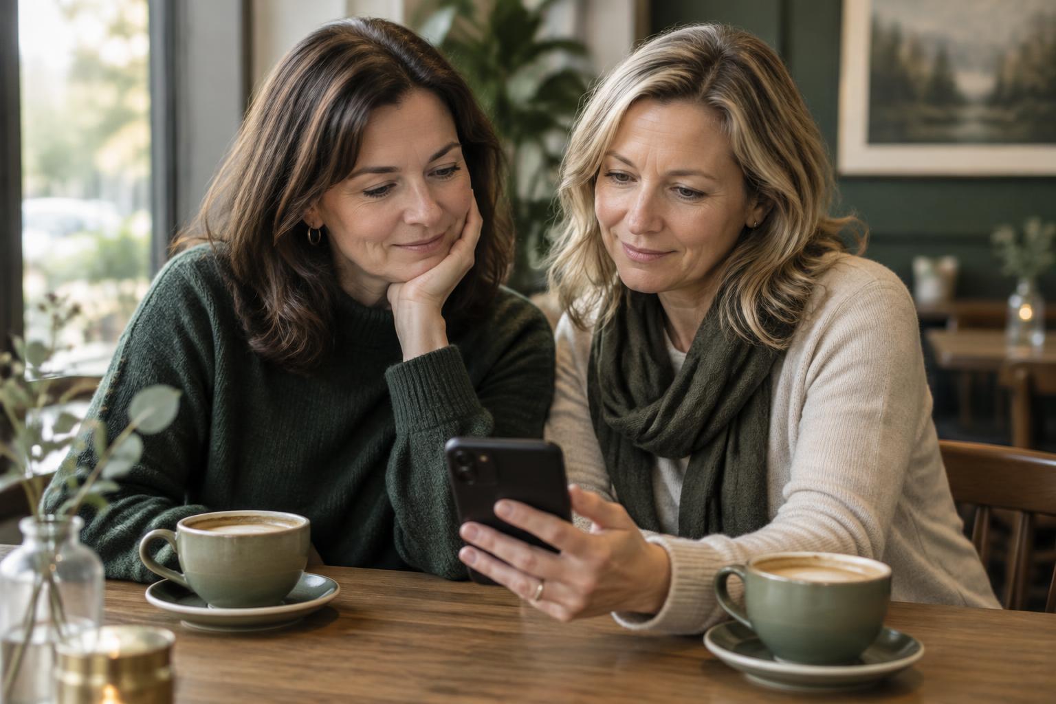Two friends watching a planning video on a phone over coffee