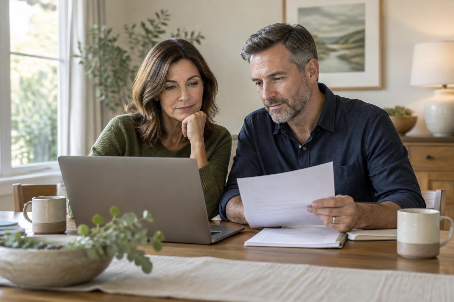 Adult siblings quietly reviewing arrangement choices together at a dining table