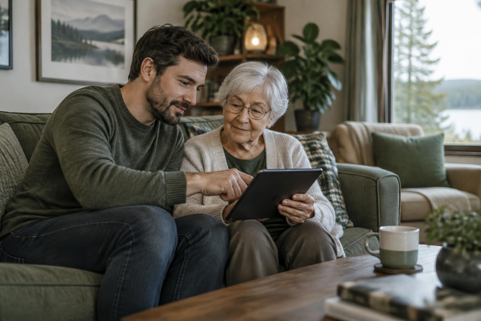 A grandson helping his grandmother use a chat assistant on a tablet