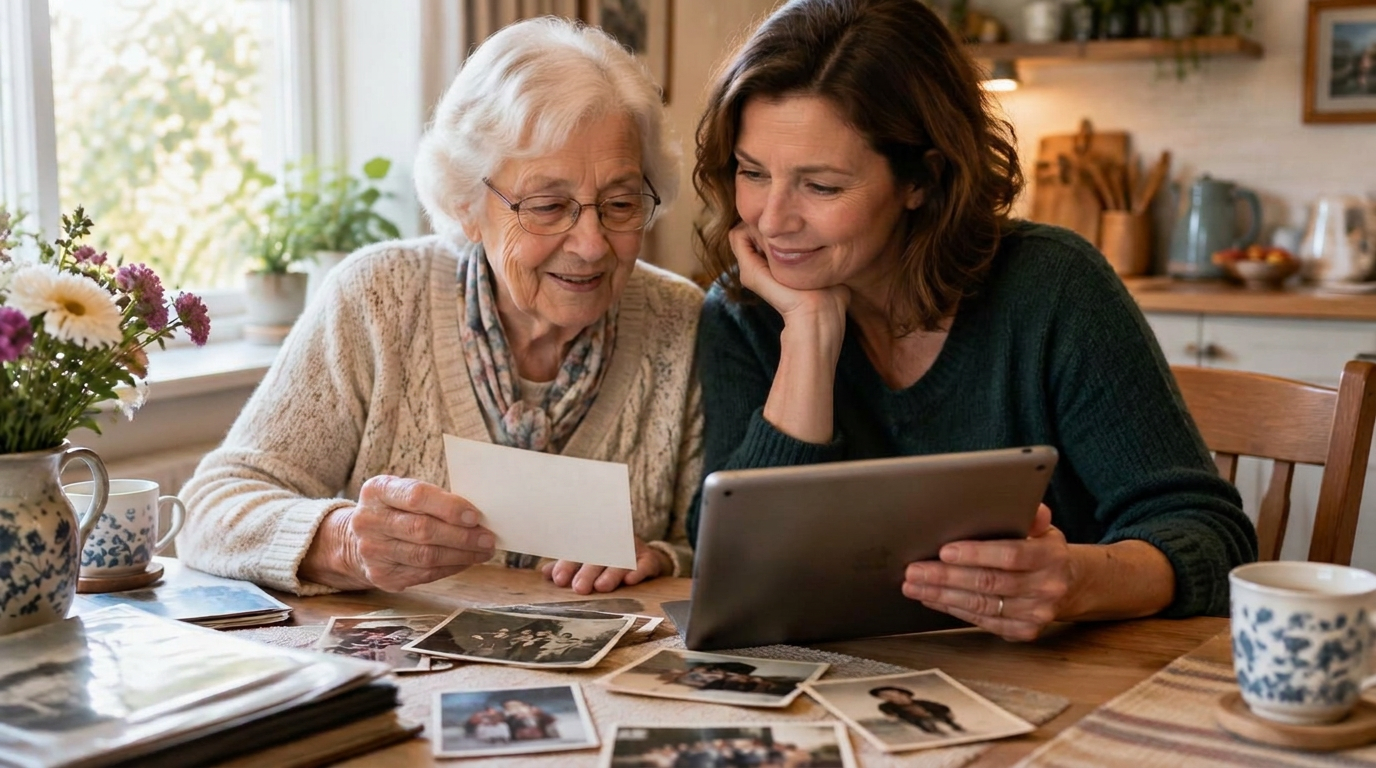 A mother and daughter sharing family photographs and planning ahead on a tablet