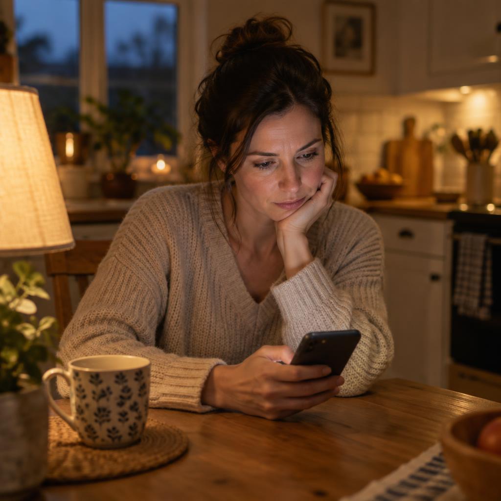 An adult daughter at her kitchen table in the evening, searching on her phone
