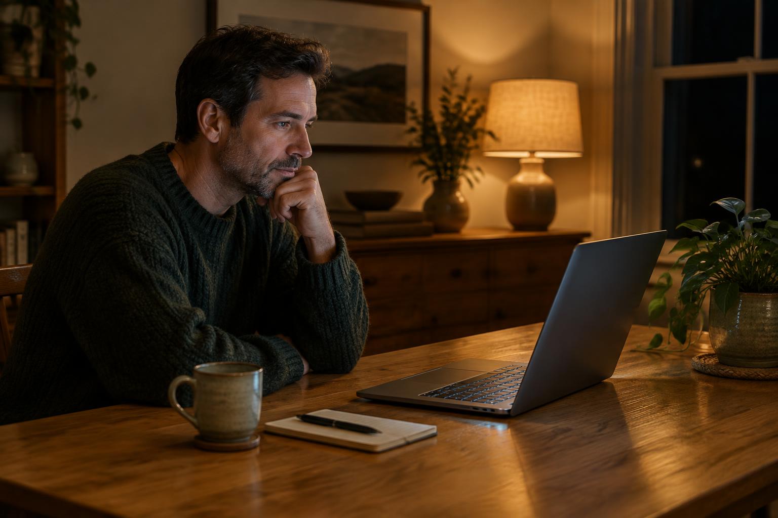A man looking at a computer screen at his kitchen table in the evening