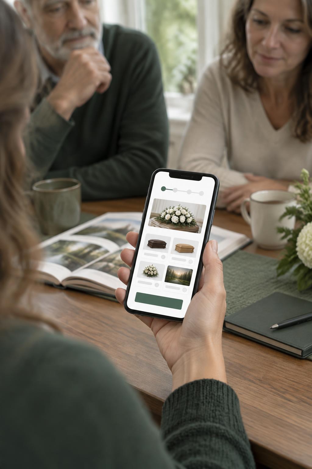 A family viewing online arrangement choices on a phone