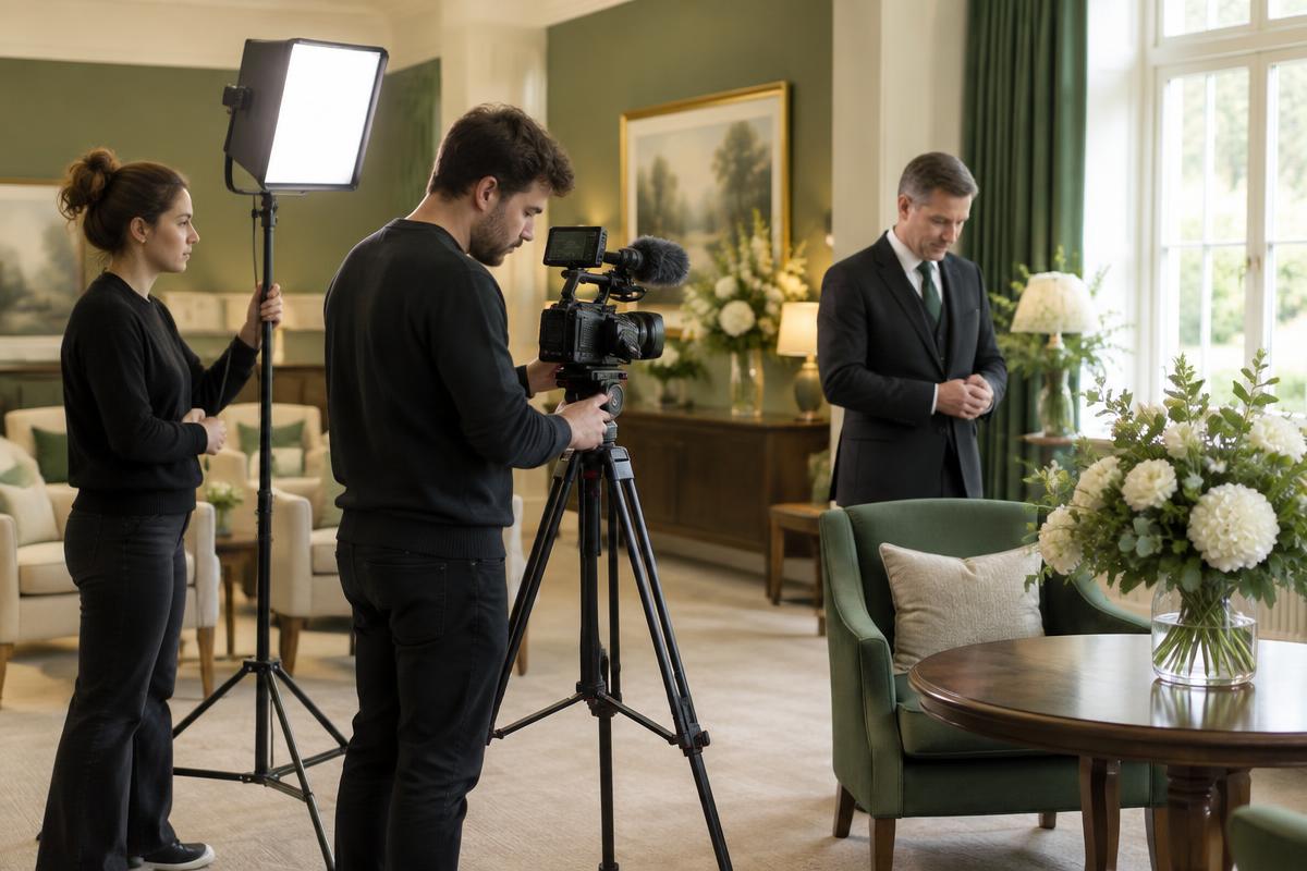 A small video crew setting up lights and a camera with a funeral director in a reception room