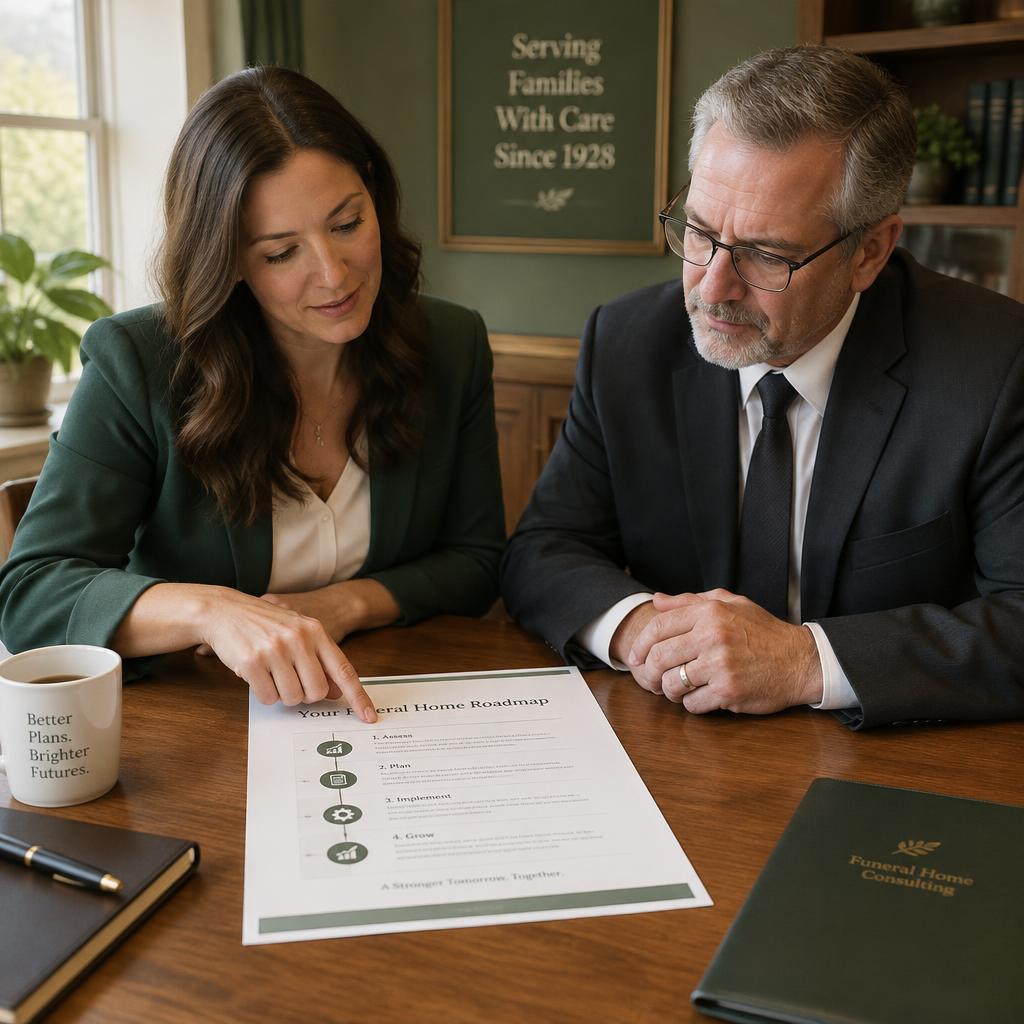 A consultant walking a funeral home owner through a printed roadmap at a wooden table