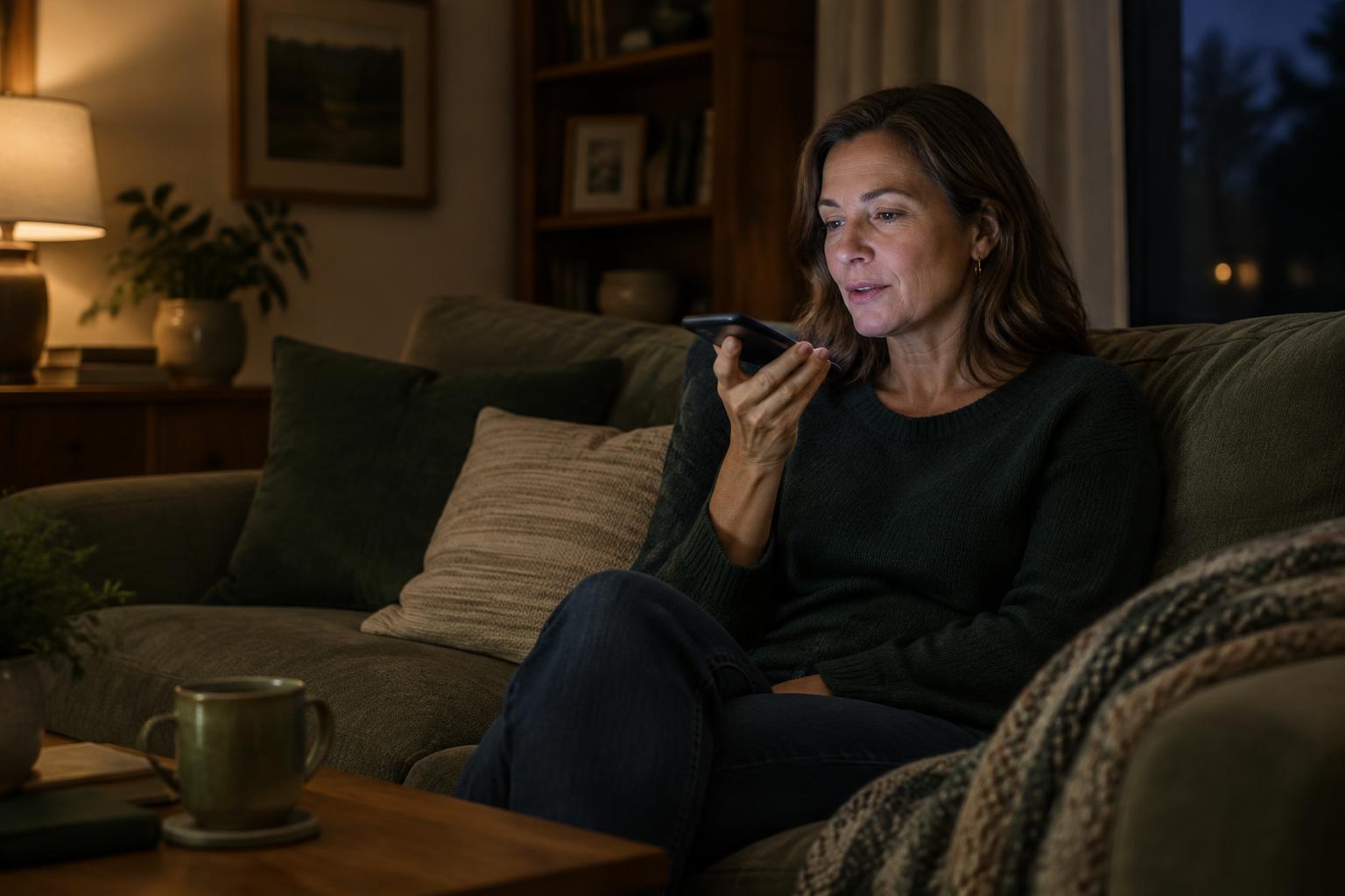 A woman asking her phone a question from her couch late at night