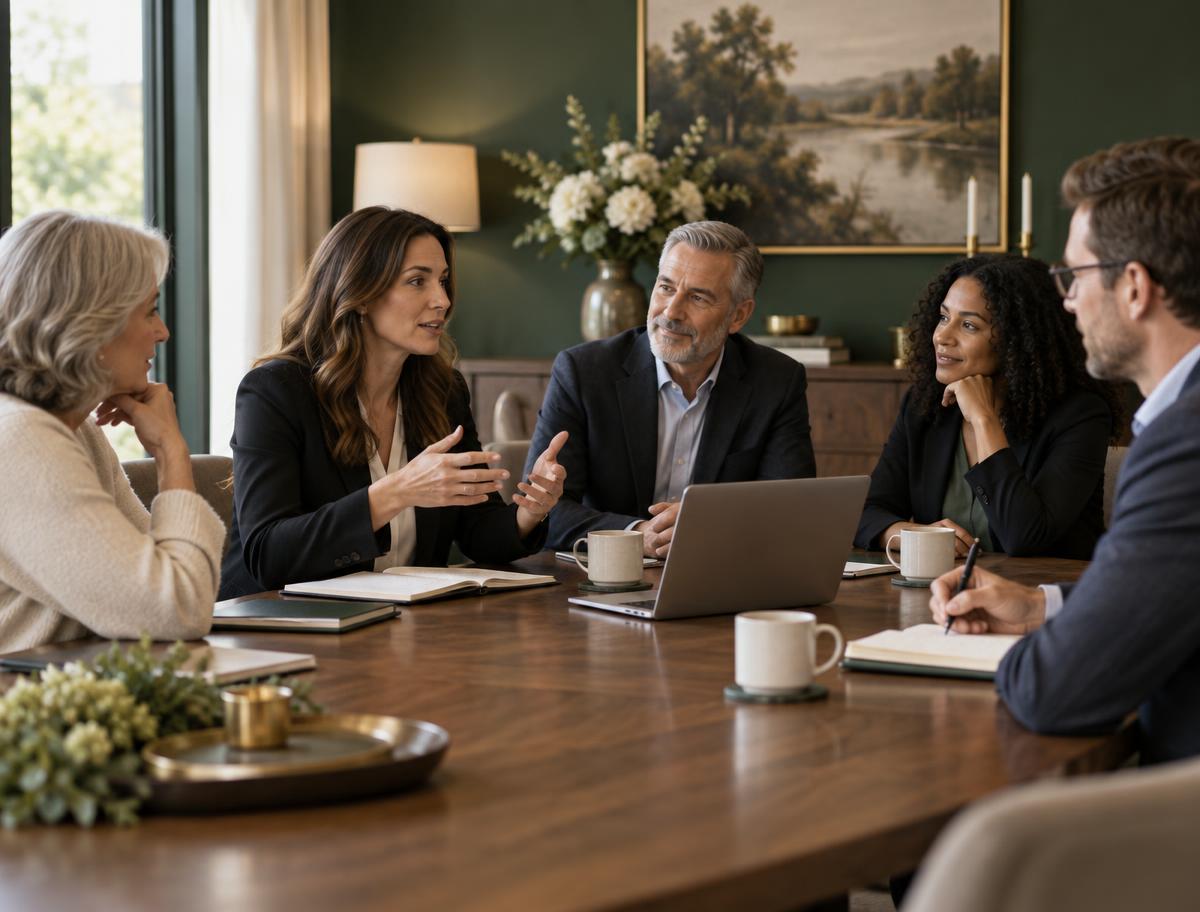 A team of funeral-industry AI specialists in business wear discussing a client's plan around a meeting table