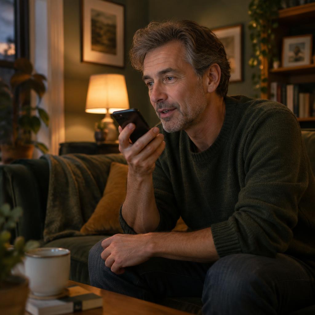 A man in his fifties at home in the evening, asking a voice assistant a question on his phone